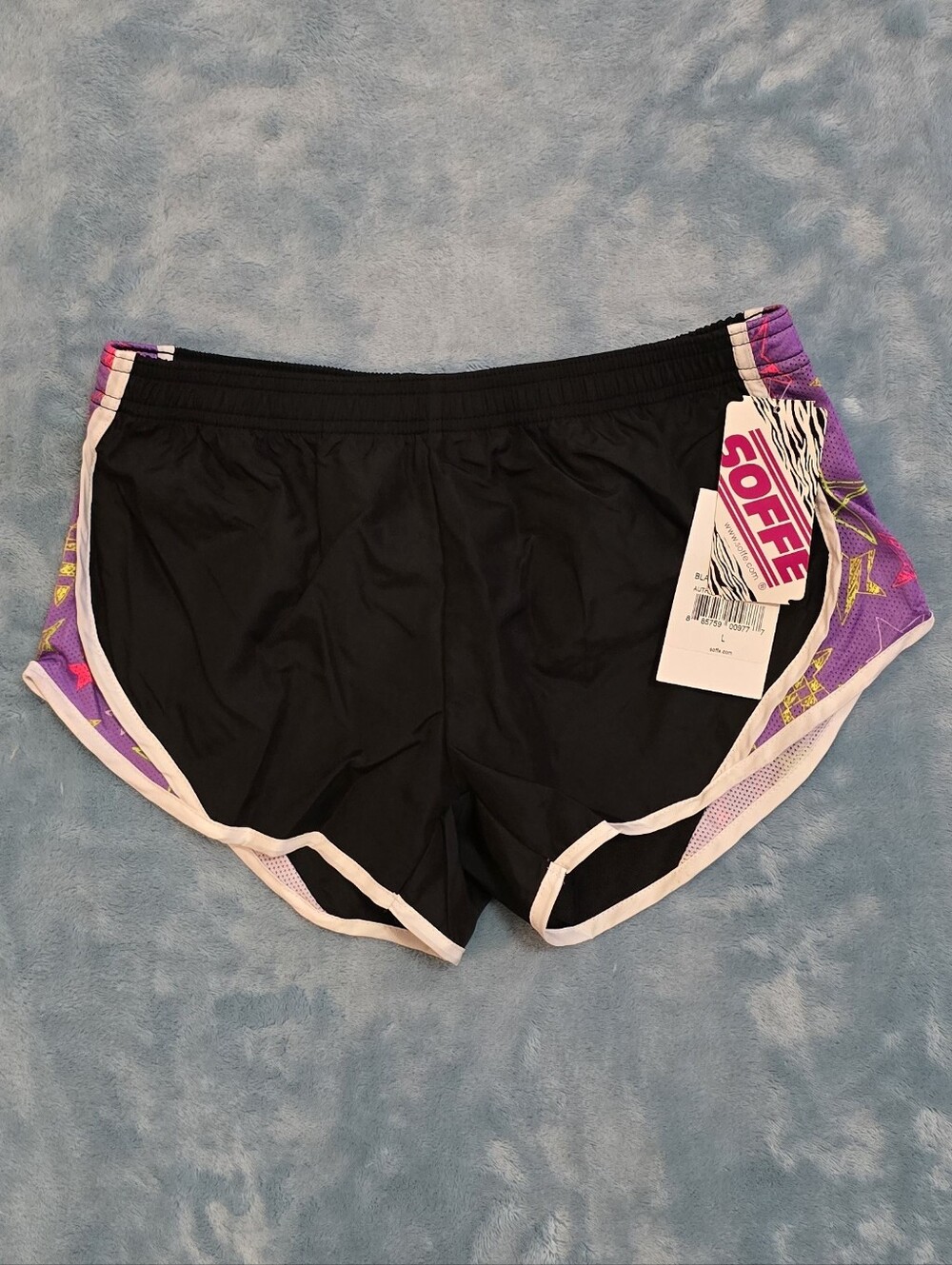 SOFFE Women’s Black Athletic Running Shorts with Purple Accent